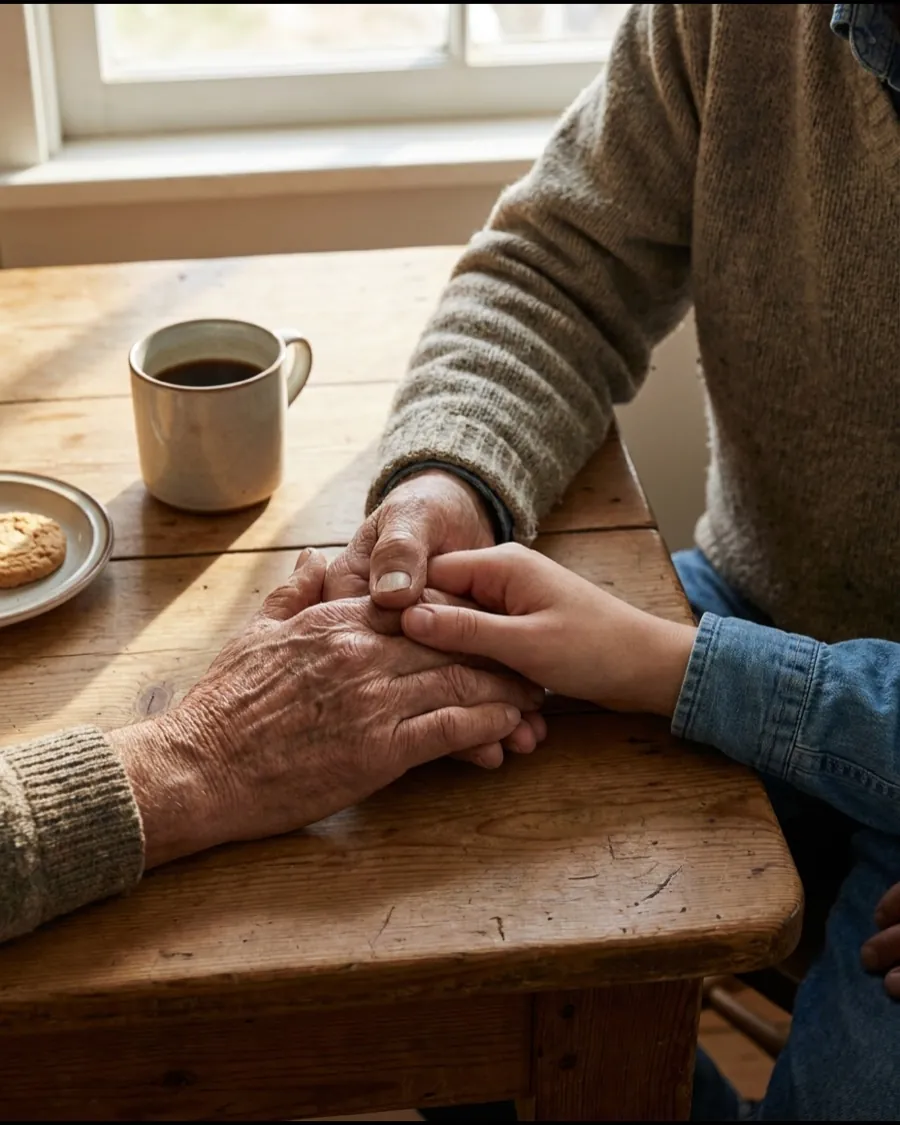 An older person's hands held by a younger person's hands across a kitchen table