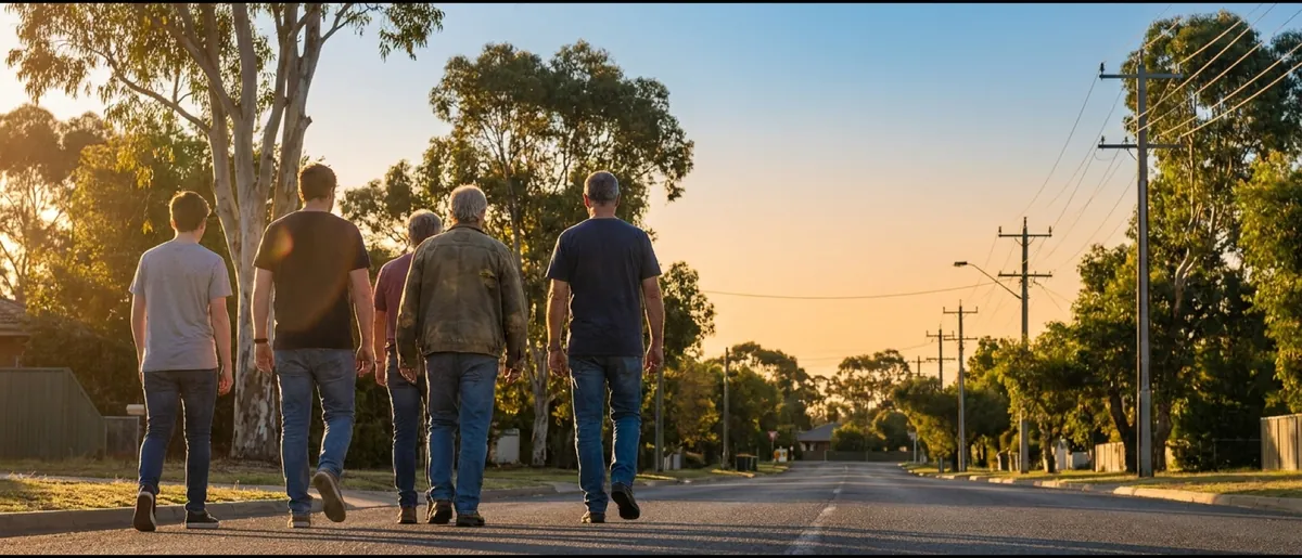 People walking together along a suburban street in late afternoon light