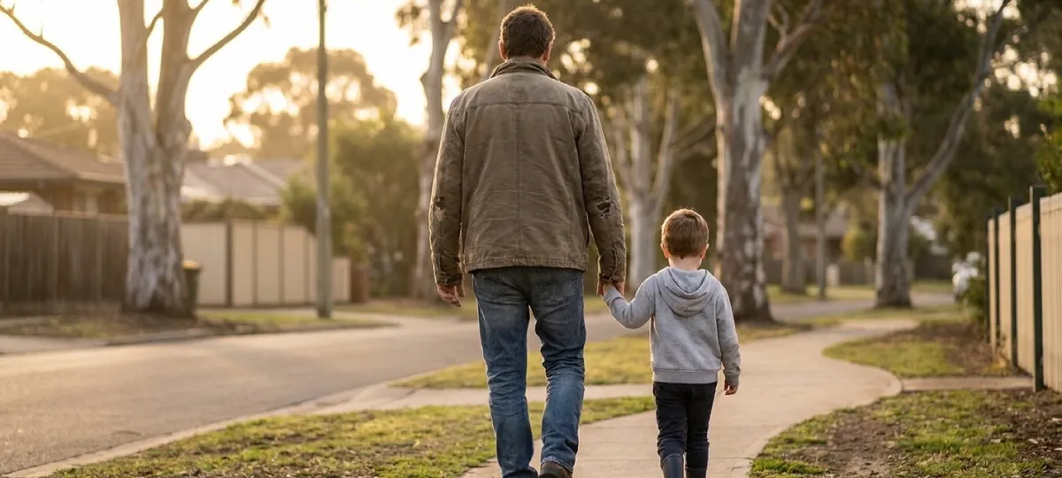 An adult and a child walking together along a footpath in late afternoon light